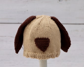 Brown Puppy Knitted Baby Hat, Infant Toddler Child sizes, photo prop, handmade knitting, dogs