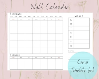 Wall Command Center Template | Printable Wall Calendar | Editable Digital Download