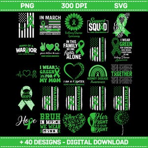 Può includere: Un design grafico scaricabile digitalmente con più disegni a nastro verde per la consapevolezza delle malattie renali. I disegni includono testo come "I wear green", "Support Squad" e "Hope". L'immagine include anche il testo "+ 40 DESIGNS - DIGITAL DOWNLOAD".