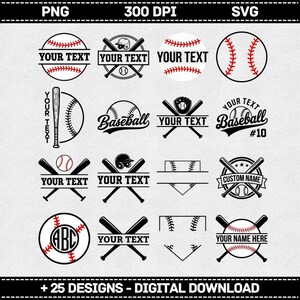 Pakiet SVG PNG z motywem baseballu, wzory monogramów baseballowych, clipart baseballowy, podzielona ramka z imieniem, plik Cricut Cut z płytą domową do pobrania w wersji cyfrowej
