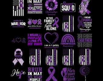 Paquete de imágenes PNG y SVG para concienciación sobre la fibromialgia, cinta morada PNG, guerrero de la fibromialgia PNG, paz, amor y cura, apoyo para la fibromialgia, en mayo, vestir de morado PNG