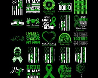 Mental Health Awareness PNG SVG Bundle, Green Ribbon Png, Support Squad, Anxiety Awareness Png, Mental Health Matters Png, Digital Download