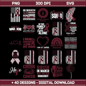 Könnte beinhalten: Eine digitale Download-Grafikdesign-Sammlung mit über 40 Designs. Die Designs zeigen weinrote Bänder, Herzen und Text zum Thema Multiple Myelom Awareness. Enthält Sätze wie "Ich trage Burgunder" und "Hoffnung".