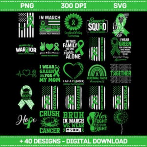 Op de afbeelding: Een digitale downloadafbeelding met diverse ontwerpen gerelateerd aan Cerebral Palsy Awareness. De ontwerpen bevatten groene linten en tekst, waaronder zinnen als "We wear green" en "I wear green for my mom". De afbeelding heeft een zwarte achtergrond met groene accenten.