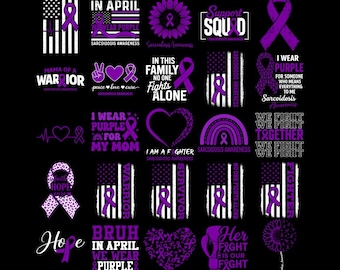 Paquete de imágenes PNG y SVG para la concientización sobre la sarcoidosis, cinta morada PNG, "Visto de morado por la sarcoidosis" SVG, guerrero sobreviviente de la sarcoidosis, descarga digital