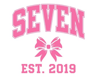 Coquette Bow 7th Birthday Png Svg, Pink Bow Girls Seventh Birthday Party Png, Regalo di compleanno per bambine di sette anni, Anno stimato 2019 Download digitale
