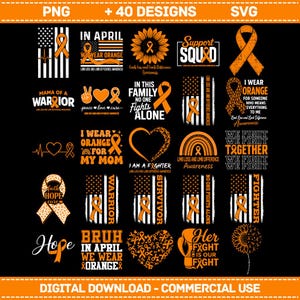 Puede incluir: Una colección de 40 diseños en naranja y blanco sobre un fondo negro. Los diseños incluyen texto y gráficos relacionados con la concienciación sobre la pérdida y las diferencias de extremidades. Los diseños incluyen la bandera estadounidense, lazos, corazones y texto.