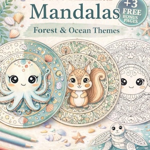 Paquete de mandalas de animales Kawaii adorables: temas de bosque y océano: 25 páginas para colorear imprimibles + 3 adicionales. imagen 1