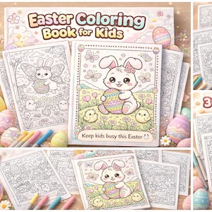 Peut inclure: Un livre de coloriage de Pâques pour enfants, intitulé "Easter Coloring Book for Kids", avec le texte "Keep kids busy this Easter". L'image présente 30 motifs kawaii uniques, dont des lapins et des œufs. Des pages à colorier et des marqueurs colorés sont également visibles.