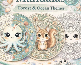 Pacchetto di mandala di animali Kawaii carini – Temi foresta e oceano – 25 pagine da colorare stampabili + 3 bonus