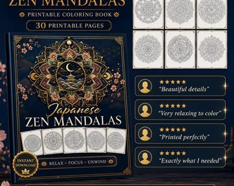 Libro da colorare con mandala Zen giapponesi. 30 pagine stampabili per adulti, formato PDF A4 e US Letter.