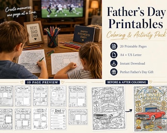 Pacchetto stampabile per la Festa del Papà, 20 pagine di attività per papà + pacchetto ricordo, formato US Letter e A4, pagine da colorare per la Festa del Papà, libretto di buoni sconto