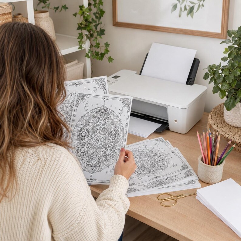 May include: A stack of white paper sheets featuring intricate black line art mandala designs with celestial motifs. The pages are held in a hand, with a white printer, a cup filled with colored pencils, and gold scissors on a wooden desk.