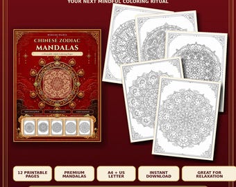 Disegni da colorare dello zodiaco cinese per adulti: 12 mandala di animali, in formato PDF stampabile, A4 e US Letter.