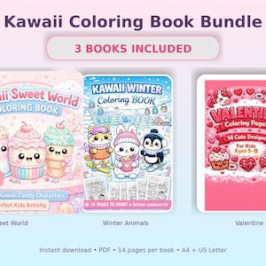 Peut inclure: Un ensemble de trois livres de coloriage Kawaii. Les titres incluent "Kawaii Sweet World", "Kawaii Winter Coloring Book" et "Valentine Coloring Pages". Chaque livre présente des illustrations mignonnes et est conçu pour les enfants de 5 à 8 ans. Le lot comprend 14 pages par livre.