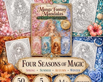 Pacchetto di libri da colorare fantasy per adulti: 50 pagine di mandala manga, quattro stagioni, PDF stampabile, formato A4 e US Letter.