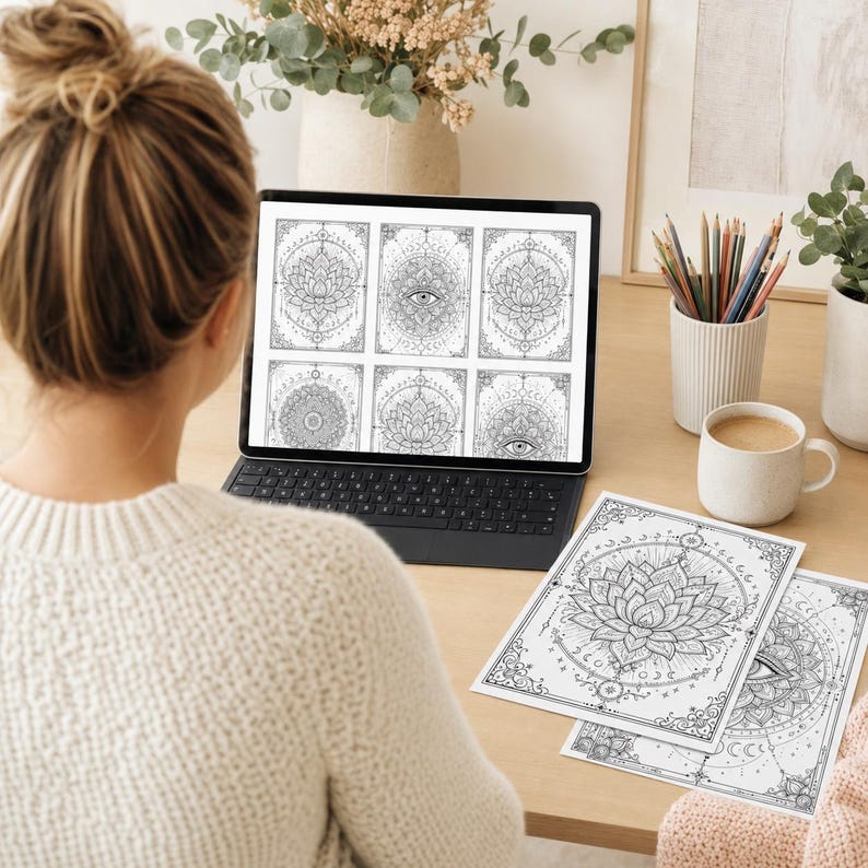 May include: A black laptop screen displays six intricate black and white line art designs featuring lotus flowers, mandalas, and eyes. Two printed sheets with similar detailed geometric and floral patterns lie on the desk next to a cup of pencils.