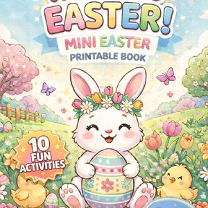 Peut inclure: Couverture colorée d'un livre imprimable sur le thème de Pâques. Le titre "Hop Into Easter!" est au-dessus d'un lapin souriant tenant un œuf décoré. La couverture présente également des poussins, des fleurs et le texte "10 Fun Activities" et "Bonus Page!" Âges 3-8.