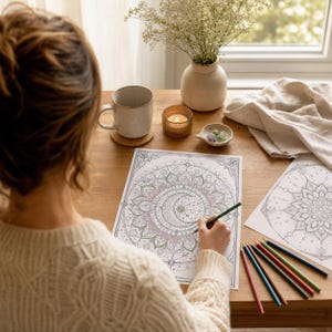 May include: A coloring page featuring a detailed mandala design with a central crescent moon and stars, partially colored with pencils. A set of colored pencils lies on the wooden table next to a ceramic mug, a small candle, and a vase of dried flowers.