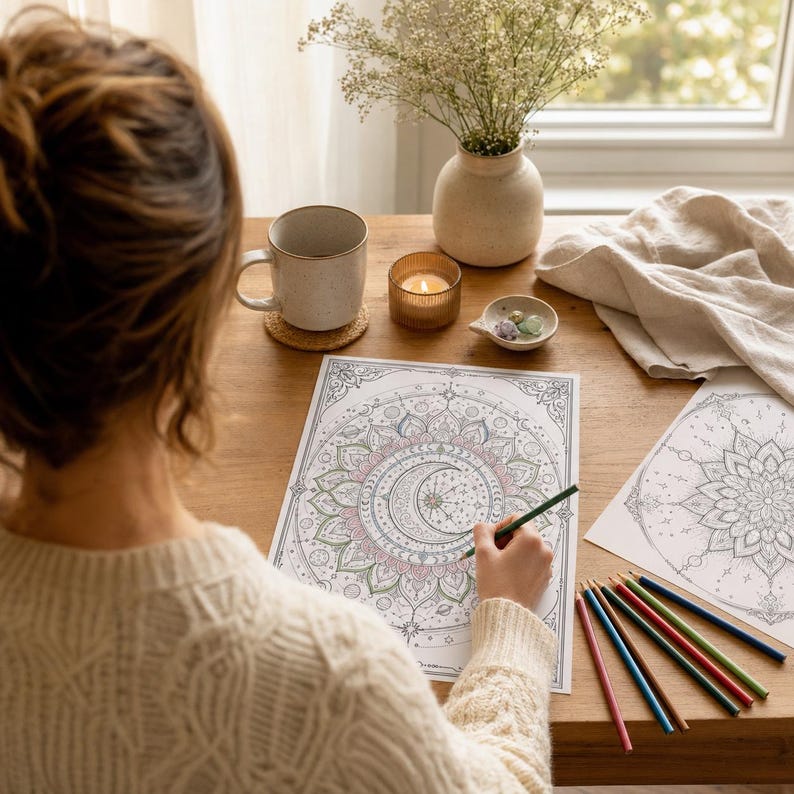May include: A coloring page featuring a detailed mandala design with a central crescent moon and stars, partially colored with pencils. A set of colored pencils lies on the wooden table next to a ceramic mug, a small candle, and a vase of dried flowers.
