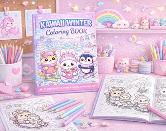 Libro da colorare stampabile Kawaii invernale per bambini - Attività senza schermo - Pagine da colorare carine in PDF