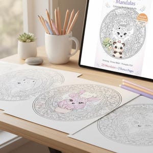 Paquete de mandalas de animales Kawaii adorables: temas de bosque y océano: 25 páginas para colorear imprimibles + 3 adicionales. imagen 19