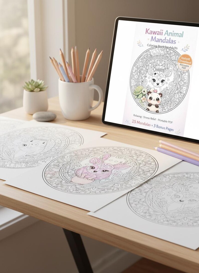 Paquete de mandalas de animales Kawaii adorables: temas de bosque y océano: 25 páginas para colorear imprimibles + 3 adicionales. imagen 19