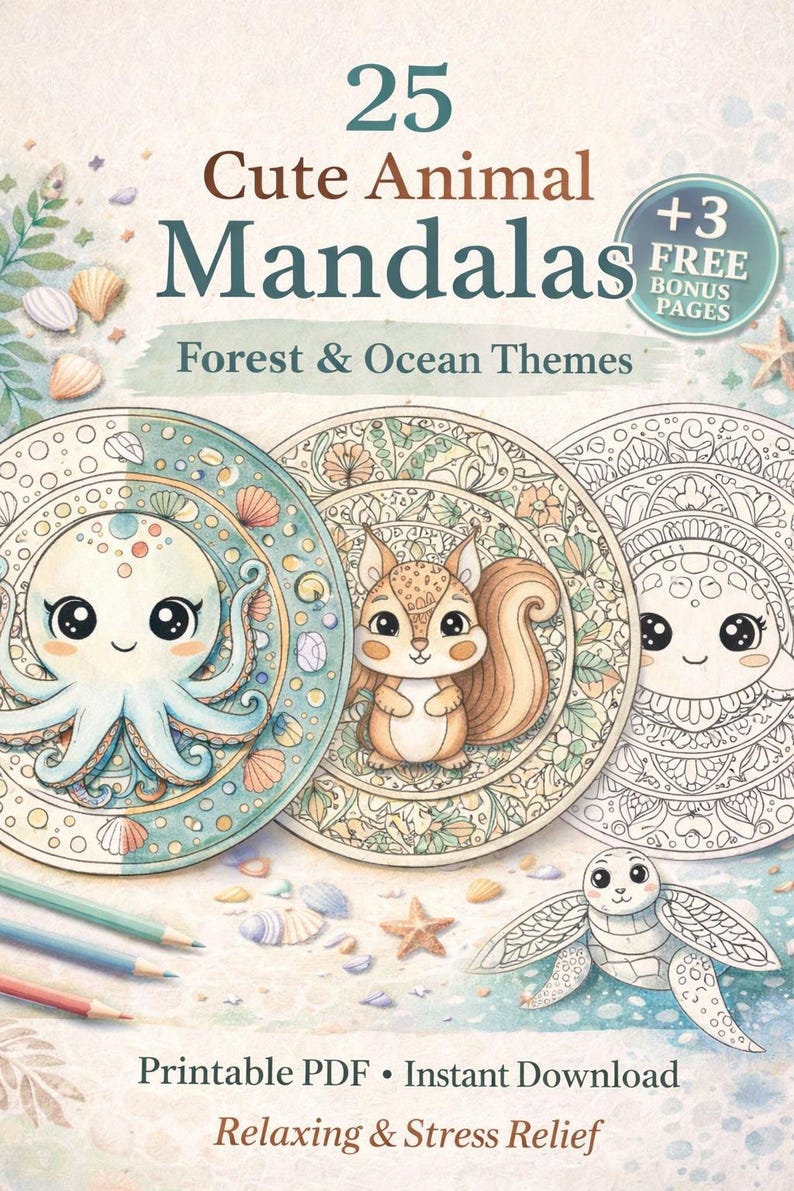 Paquete de mandalas de animales Kawaii adorables: temas de bosque y océano: 25 páginas para colorear imprimibles + 3 adicionales. imagen 1