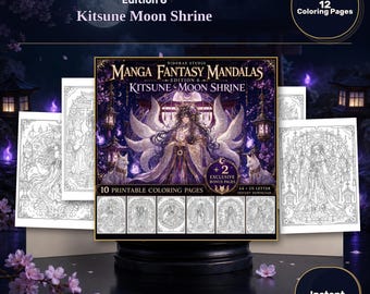 Disegni da colorare di Kitsune per adulti: 10 mandala fantasy in stile manga, immagini di santuari giapponesi stampabili in PDF.