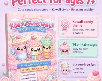 Libro para colorear Kawaii Sweet World para niños: 14 páginas imprimibles de dulces (PDF con descarga instantánea) – Actividad para colorear de dulces