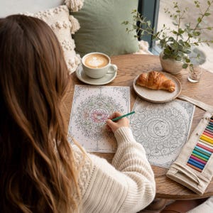 May include: Two rectangular coloring pages featuring intricate mandala designs, one with a central lotus flower and one with a crescent moon. A green colored pencil is held over the lotus page. A beige canvas pencil roll holds various colored pencils.