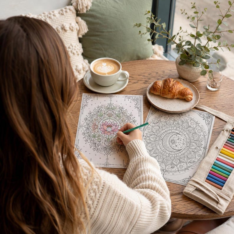 May include: Two rectangular coloring pages featuring intricate mandala designs, one with a central lotus flower and one with a crescent moon. A green colored pencil is held over the lotus page. A beige canvas pencil roll holds various colored pencils.