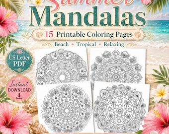 Libro da colorare "Summer Mandalas", 15 pagine stampabili per adulti, mandala da spiaggia e tropicali in formato PDF, fogli da colorare estivi rilassanti