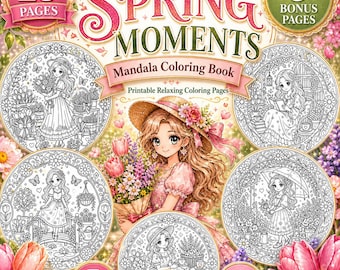 Pagine da colorare Kawaii di primavera: 30 mandala stampabili con ragazze manga e fiori, libro da colorare per adulti in PDF, formato A4 US Letter