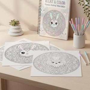 Paquete de mandalas de animales Kawaii adorables: temas de bosque y océano: 25 páginas para colorear imprimibles + 3 adicionales. imagen 17