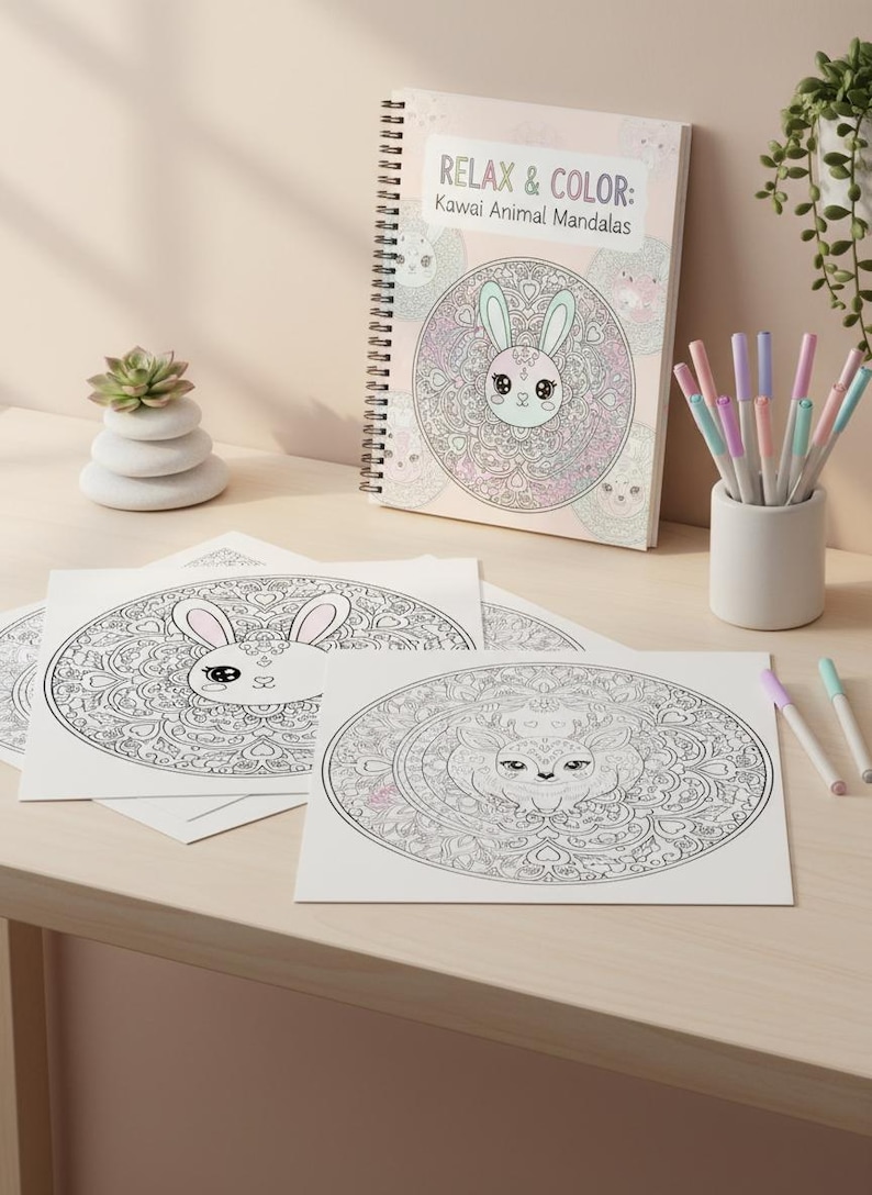 Paquete de mandalas de animales Kawaii adorables: temas de bosque y océano: 25 páginas para colorear imprimibles + 3 adicionales. imagen 17