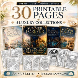 Peut inclure: Un ensemble numérique de 30 pages de coloriage pour adultes à imprimer, réparti en 3 collections de luxe intitulées Summer Forever. Inclut les couvertures The Pearl Dawn Voyage, Exclusive Mini Bundle, Midnight Resort Couture et The Golden Riviera Society.