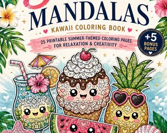 Libro para colorear Kawaii Summer Mandala para adultos, 30 páginas de comida y bebida tropical, PDF imprimible, A4 - Carta estadounidense