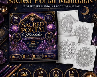 Libro da colorare "Sacred Portal Mandalas", 20 pagine di mandala spirituali stampabili, pagine da colorare per adulti in PDF, mandala zen, formato A4 US Letter