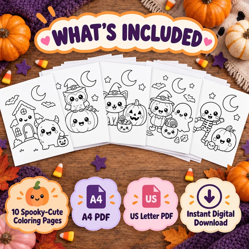 Cute Halloween Coloring Pages for Kids Ages 3+, 10 Printable Pages, A4 ...