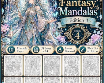 Libro da colorare Manga Fantasy con 10 pagine di mandala dell'Accademia Magica, stampabile in formato PDF US Letter e A4
