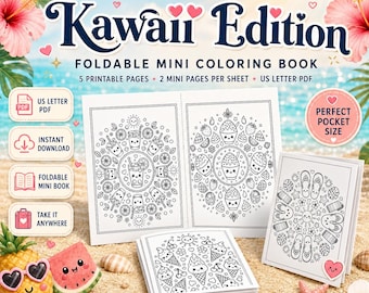 Pocket Relax Collection: Edizione estiva Kawaii. Mini libro da colorare stampabile in PDF, 5 pagine pieghevoli, 10 simpatici mandala, Relax Everywhere