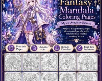 Disegni da colorare di ragazze magiche per adulti: 10 mandala fantasy in stile manga, Mystic Academy, stampabili in PDF, formato A4 e US Letter.