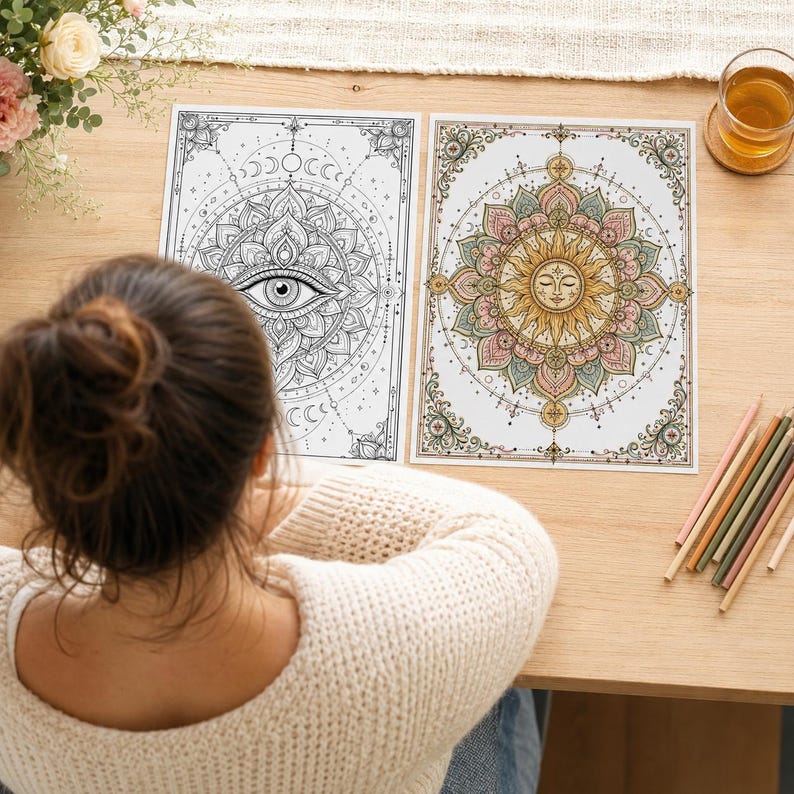 May include: Two rectangular coloring pages featuring intricate mandala designs. The left page displays a black and white line art illustration of a central eye. The right page shows a colored illustration of a sun with a face surrounded by floral patterns.