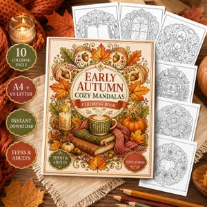 May include: A colouring book titled Early Autumn Cozy Mandalas featuring a cover illustration of a steaming mug on books, pumpkins, and autumn leaves. The set includes ten colouring pages in A4 and US Letter sizes for teens and adults.
