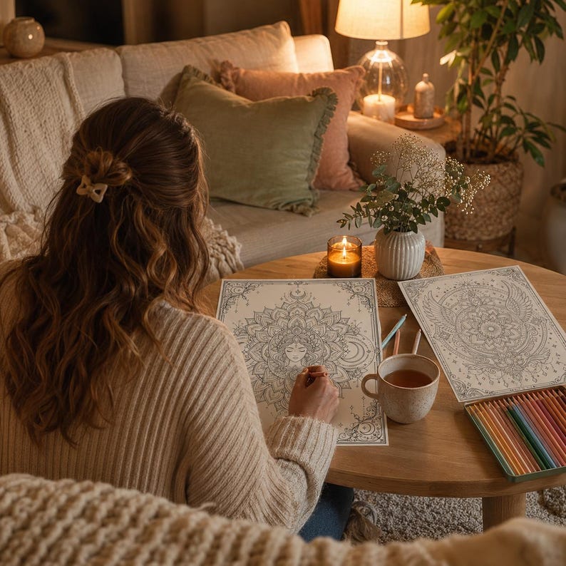 May include: A person coloring a detailed mandala illustration on paper with a colored pencil. On the wooden table, there is a ceramic mug, a set of colored pencils in a tray, a small vase with greenery, and a second mandala coloring page.