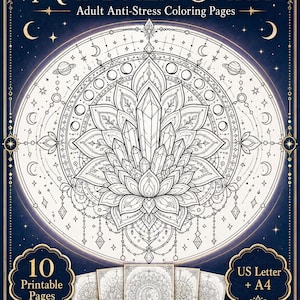 May include: A digital coloring book cover titled Mandala Spirit Adult Anti-Stress Coloring Pages. It features a central crystal lotus mandala design, 10 printable pages, and US Letter + A4 sizing. The dark blue background includes celestial motifs.