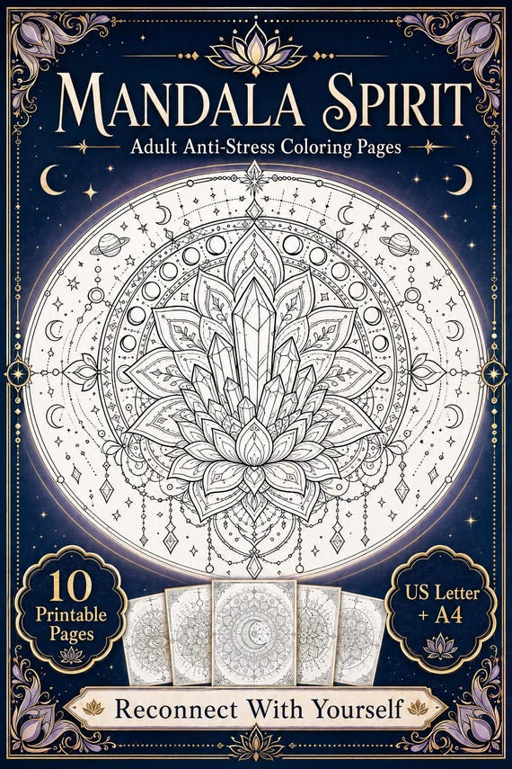 Adult Mandala Coloring Pages Printable, Anti Stress Spiritual Mandala PDF, 10 Pages, US Letter A4, Mindfulness Art