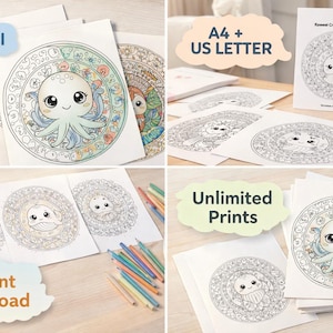 Paquete de mandalas de animales Kawaii adorables: temas de bosque y océano: 25 páginas para colorear imprimibles + 3 adicionales. imagen 2