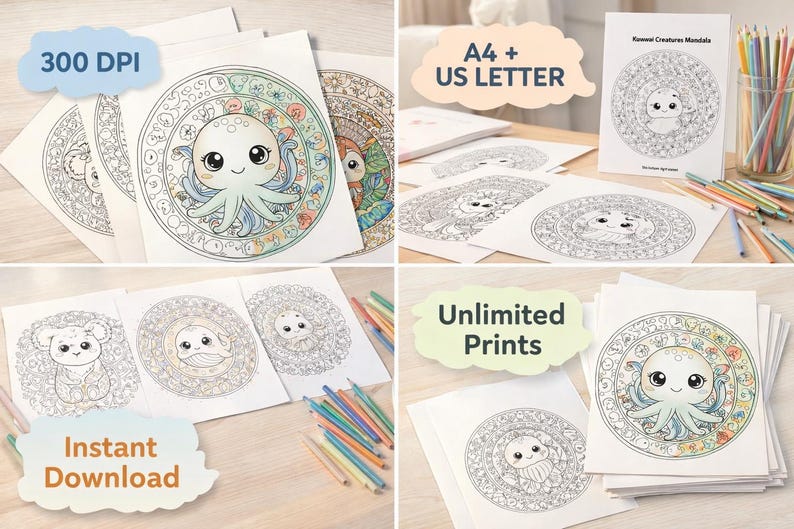 Paquete de mandalas de animales Kawaii adorables: temas de bosque y océano: 25 páginas para colorear imprimibles + 3 adicionales. imagen 2